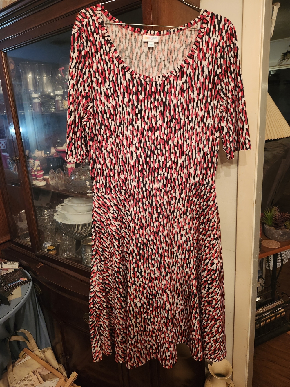 LuLaRoe Black White and Red Midi Fit-and-Flare Dress - Picture 2 of 3